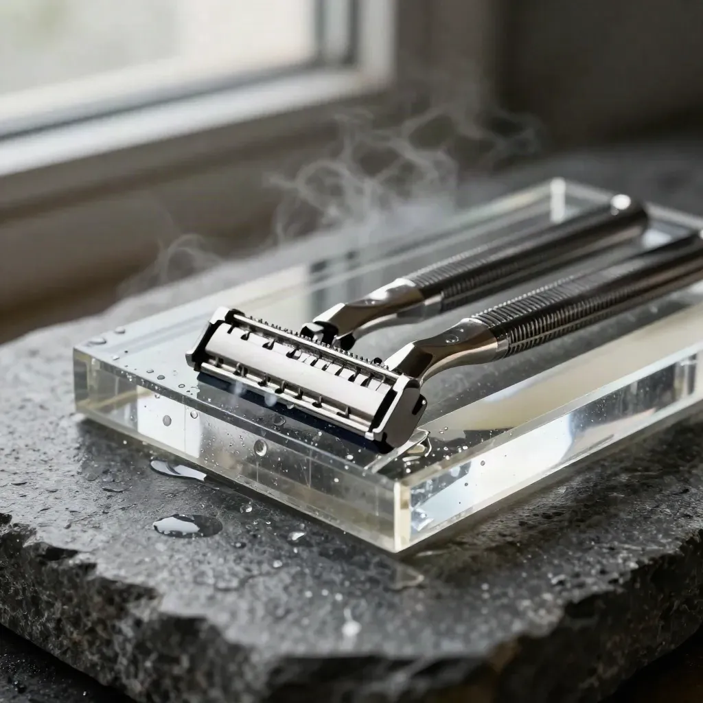 Smoked acrylic experiment readout kit resting on wet stone with metal markers and mist.