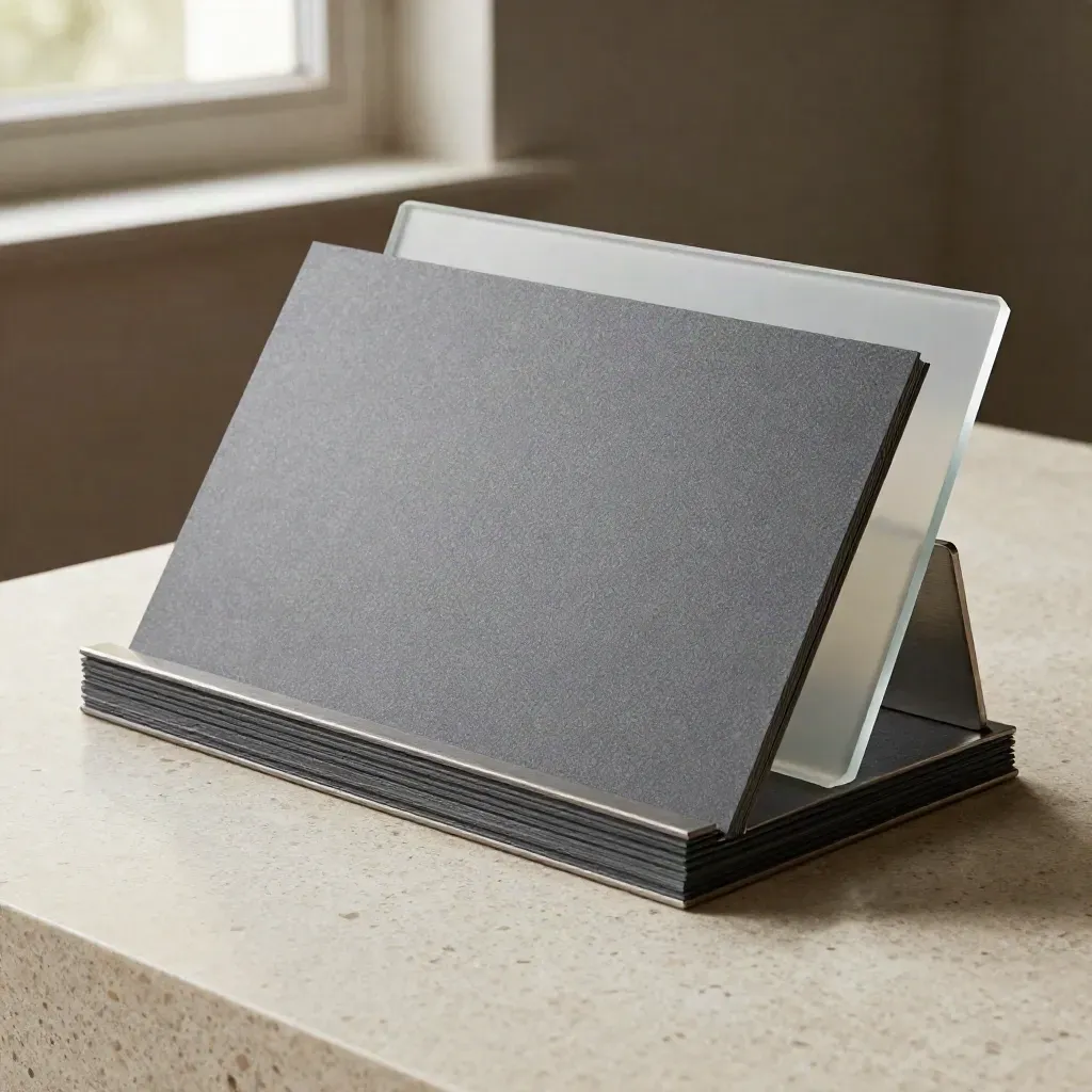 Graphite dashboard kit opening on travertine with steel stand and translucent dividers