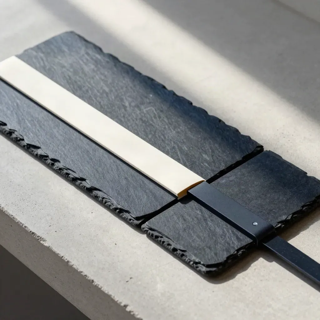 Top-down slate workflow modules with ivory strip and connector bar on pale concrete.