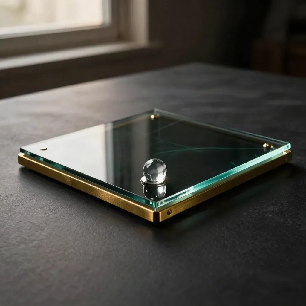 Dark glass signal board with brass edges and a glowing teal alert token on matte black.