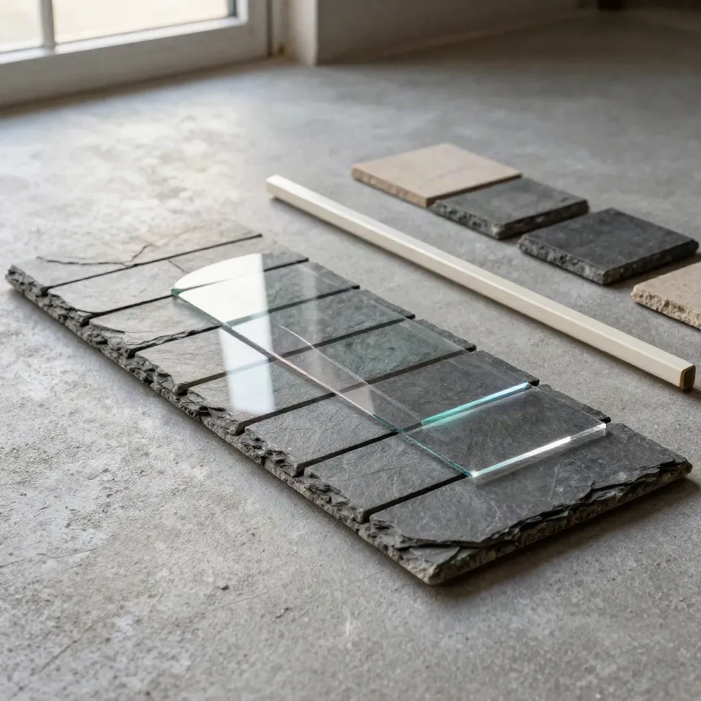 Slate uplift tiles aligned beneath a clear overlay on cool concrete, softly lit from above.